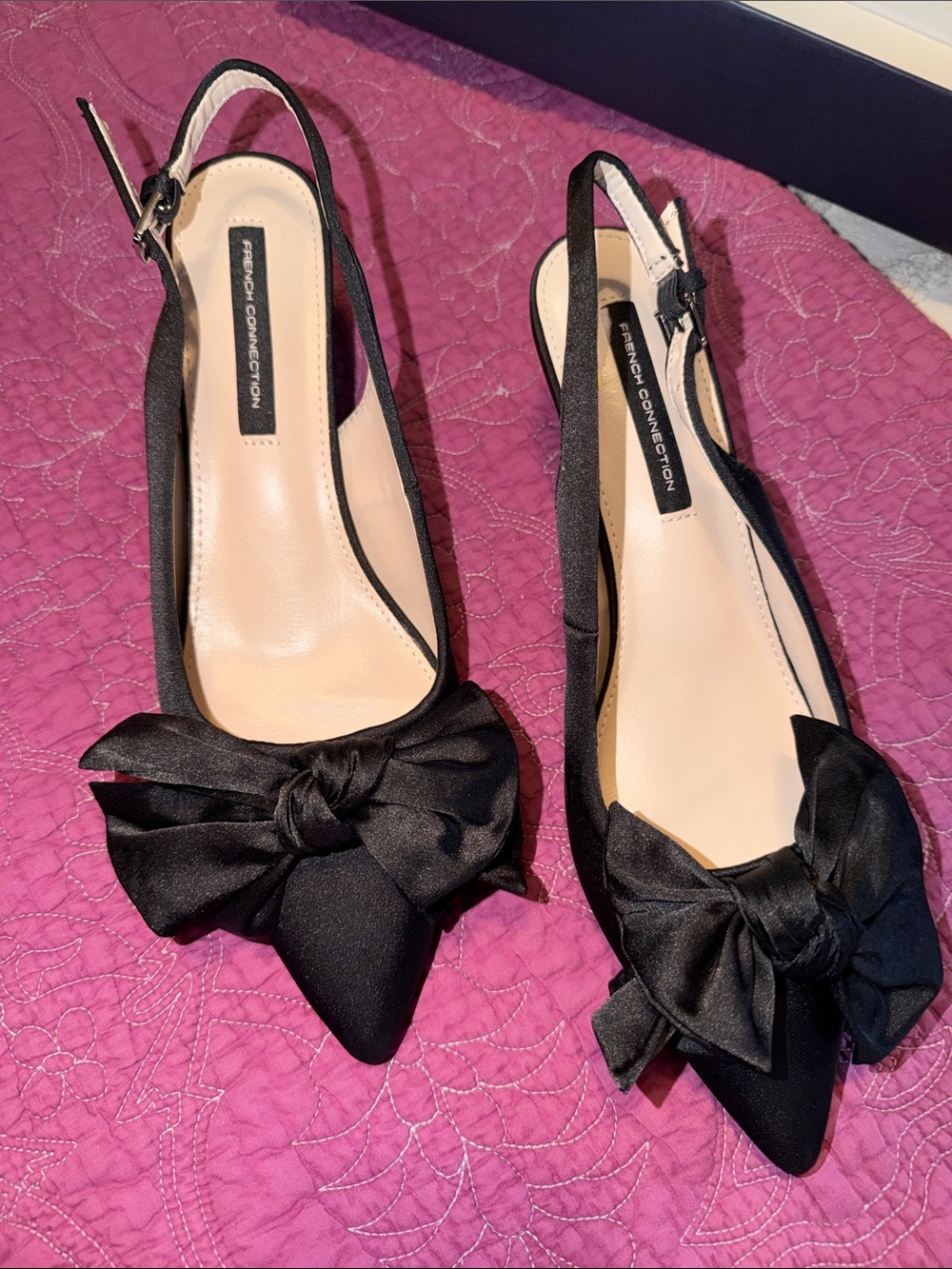 French Connection Black Satin Bow Pointed Slingback Mules